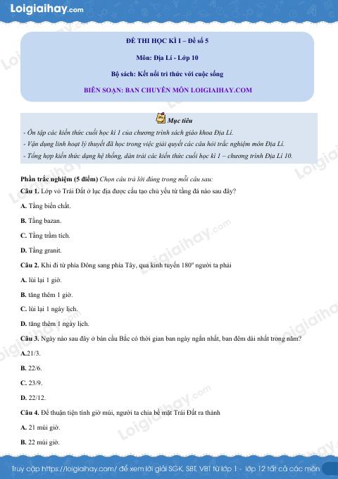 Đề thi học kì 1 Địa lí 10 - Đề số 5